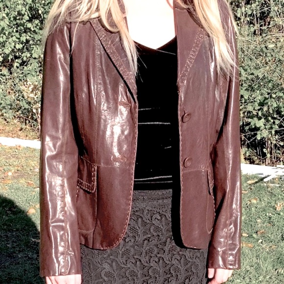 Derimod Brownish Burgundy Shiny Lamb Leather Blazer jacket metal Spikes US M - Picture 8 of 16